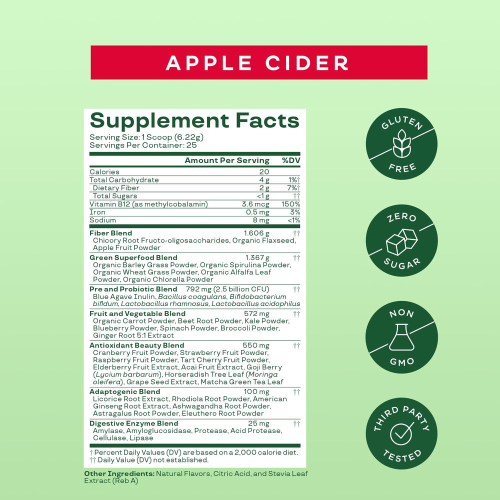 Bloom Nutrition apple cider flavor tub ideal for tasty daily greens routine