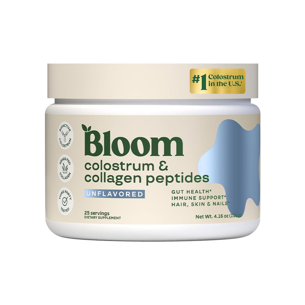 Bloom Nutrition bovine colostrum powder in a jar highlighting packaging and B12 benefits