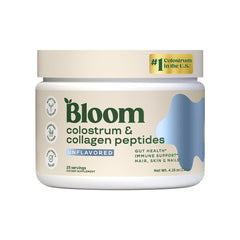 Bloom Nutrition bovine colostrum powder in a jar highlighting packaging and B12 benefits