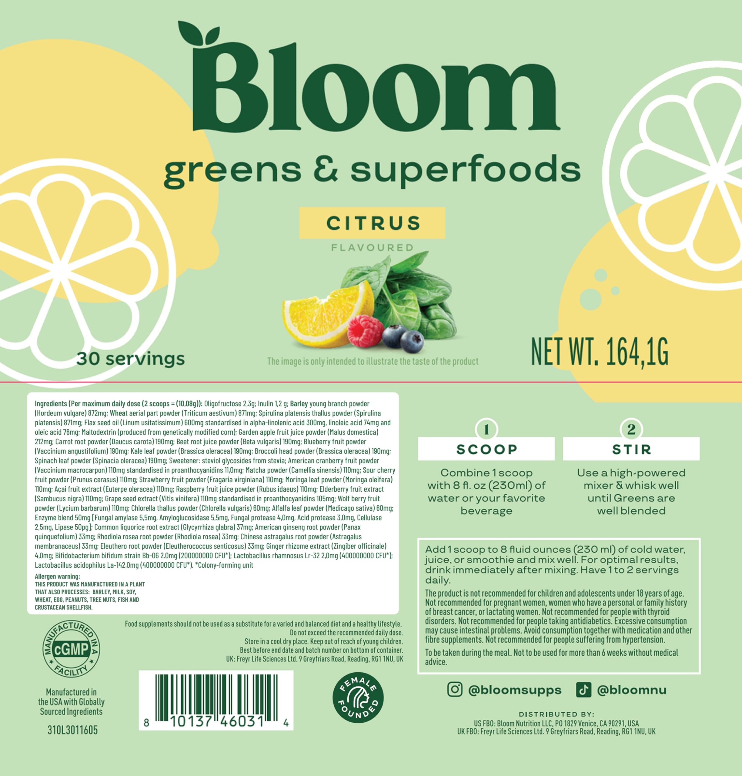 Bloom Nutrition citrus-flavored greens powder scoop enhances flavor and energy.