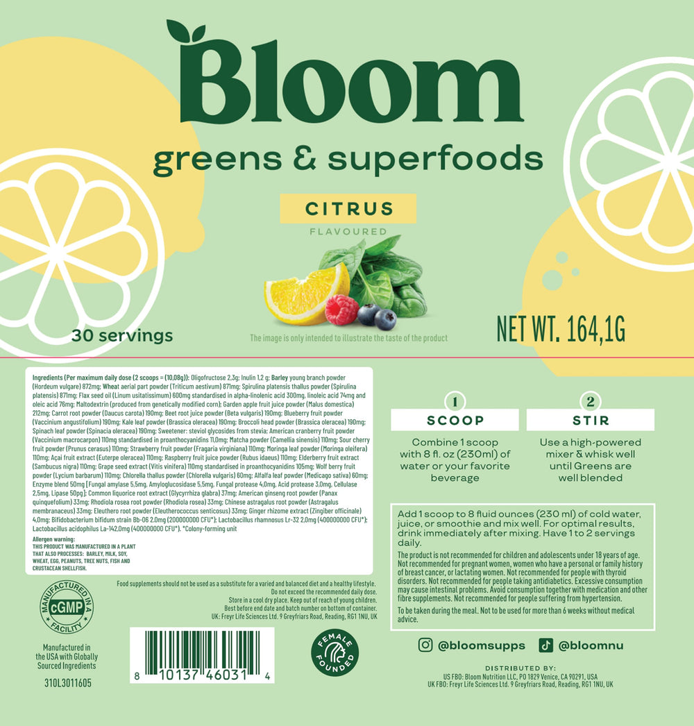 Bloom Nutrition citrus-flavored greens powder scoop enhances flavor and energy.