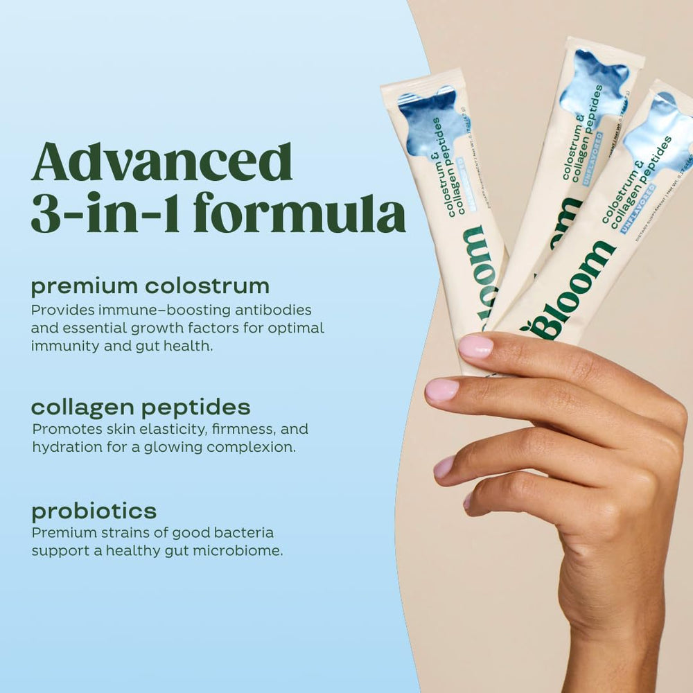 Bloom Nutrition colostrum powder shows hair and skin glow benefits in use.