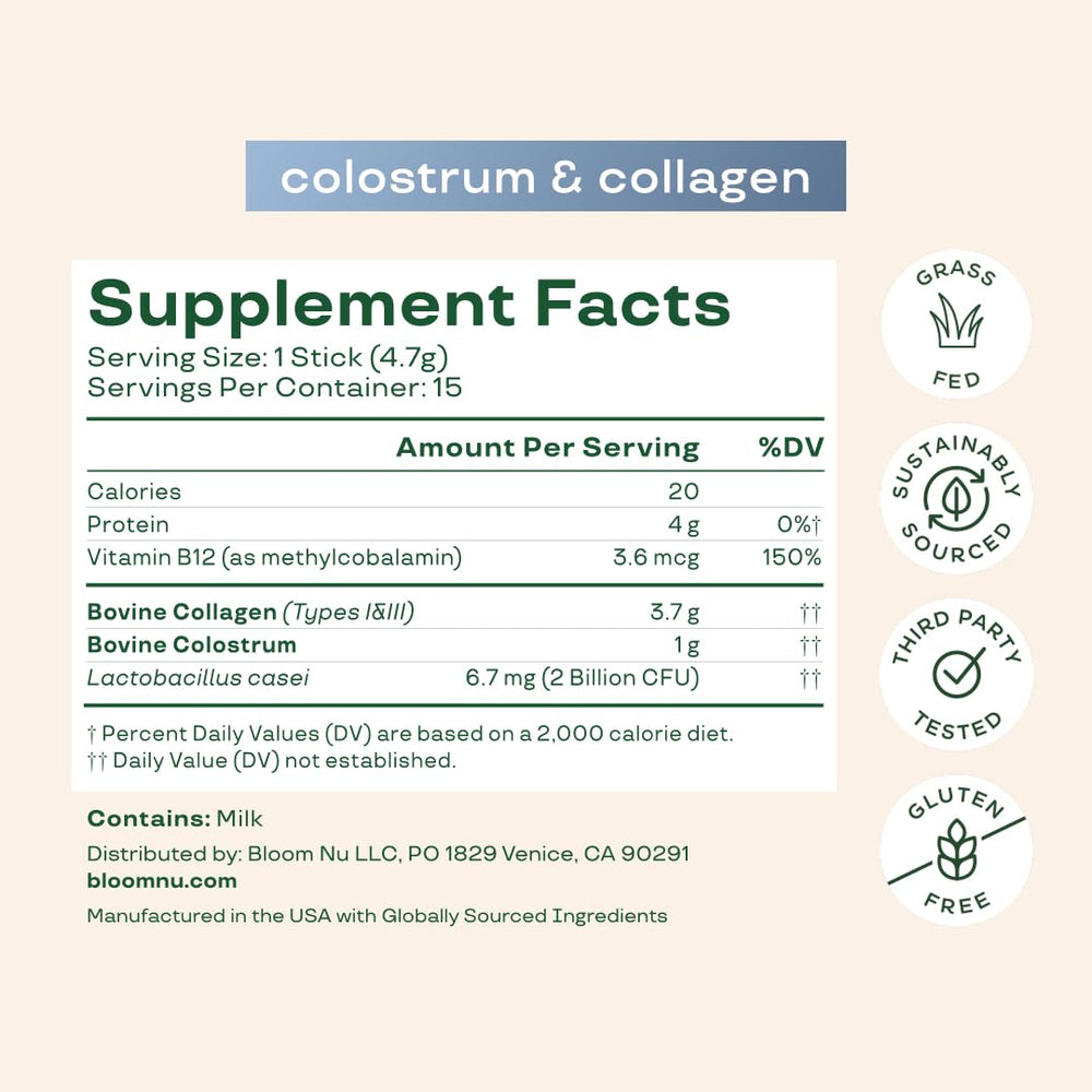 Bloom Nutrition colostrum gluten-free label highlights dietary option.