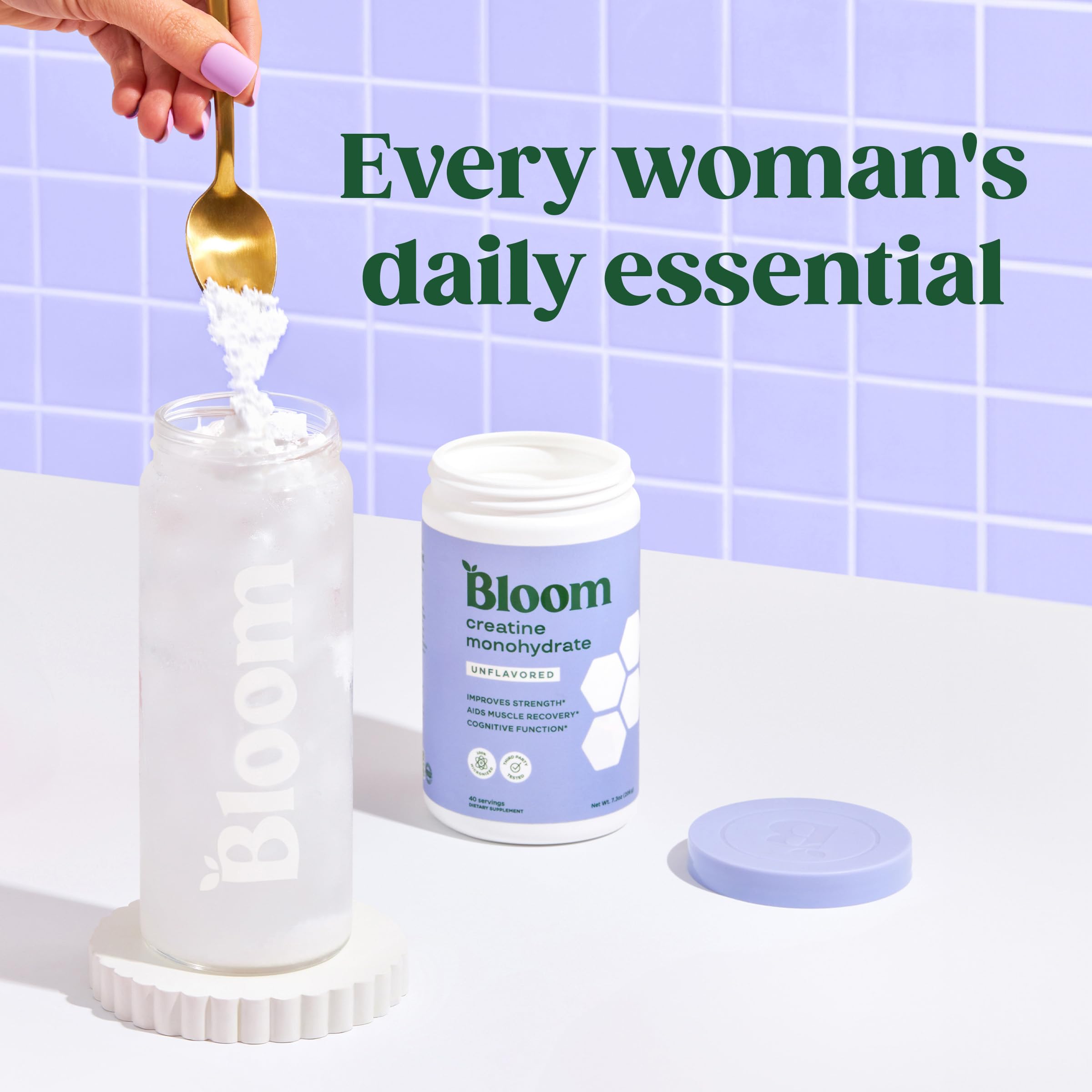 Bloom Nutrition Creatine Monohydrate gluten-free and non-GMO ingredient label.