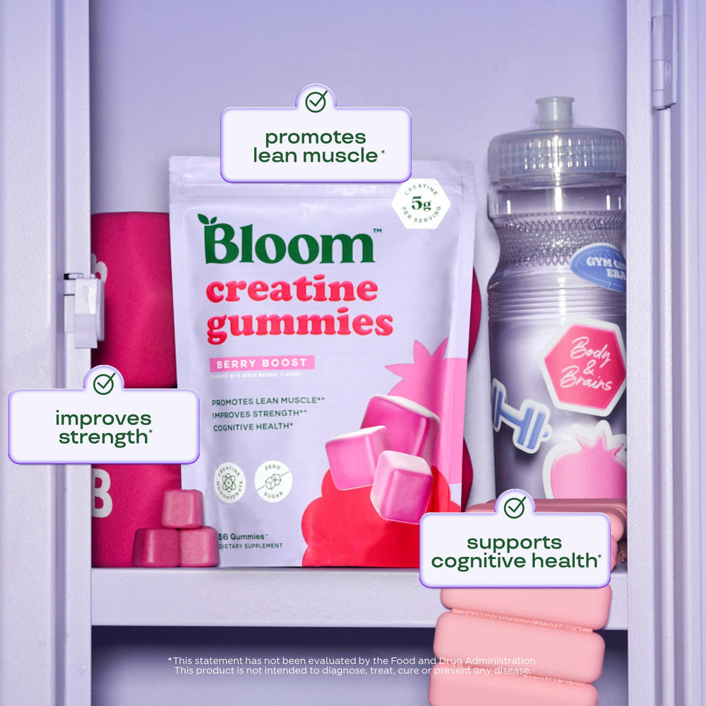 Bloom Nutrition Creatine Monohydrate Gummies label highlights ingredients and benefits.