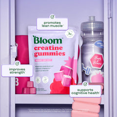 Bloom Nutrition Creatine Monohydrate Gummies label highlights ingredients and benefits.