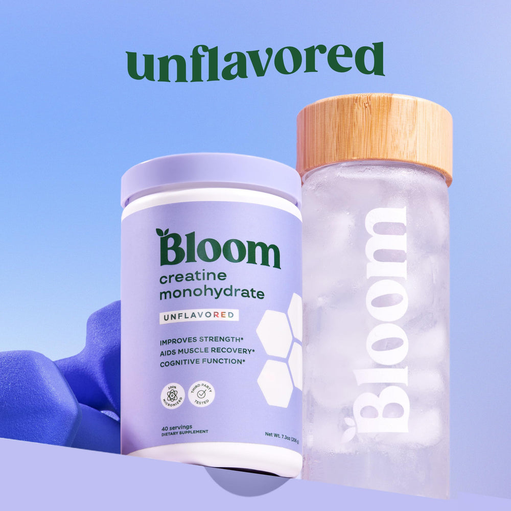 Bloom Nutrition creatine powder scoop shown for precise 5g servings.