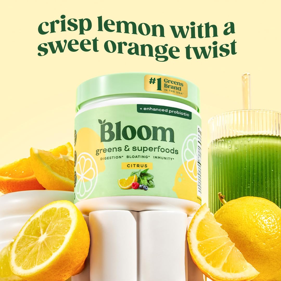 Bloom Nutrition greens powder being poured into a glass for a refreshing boost.
