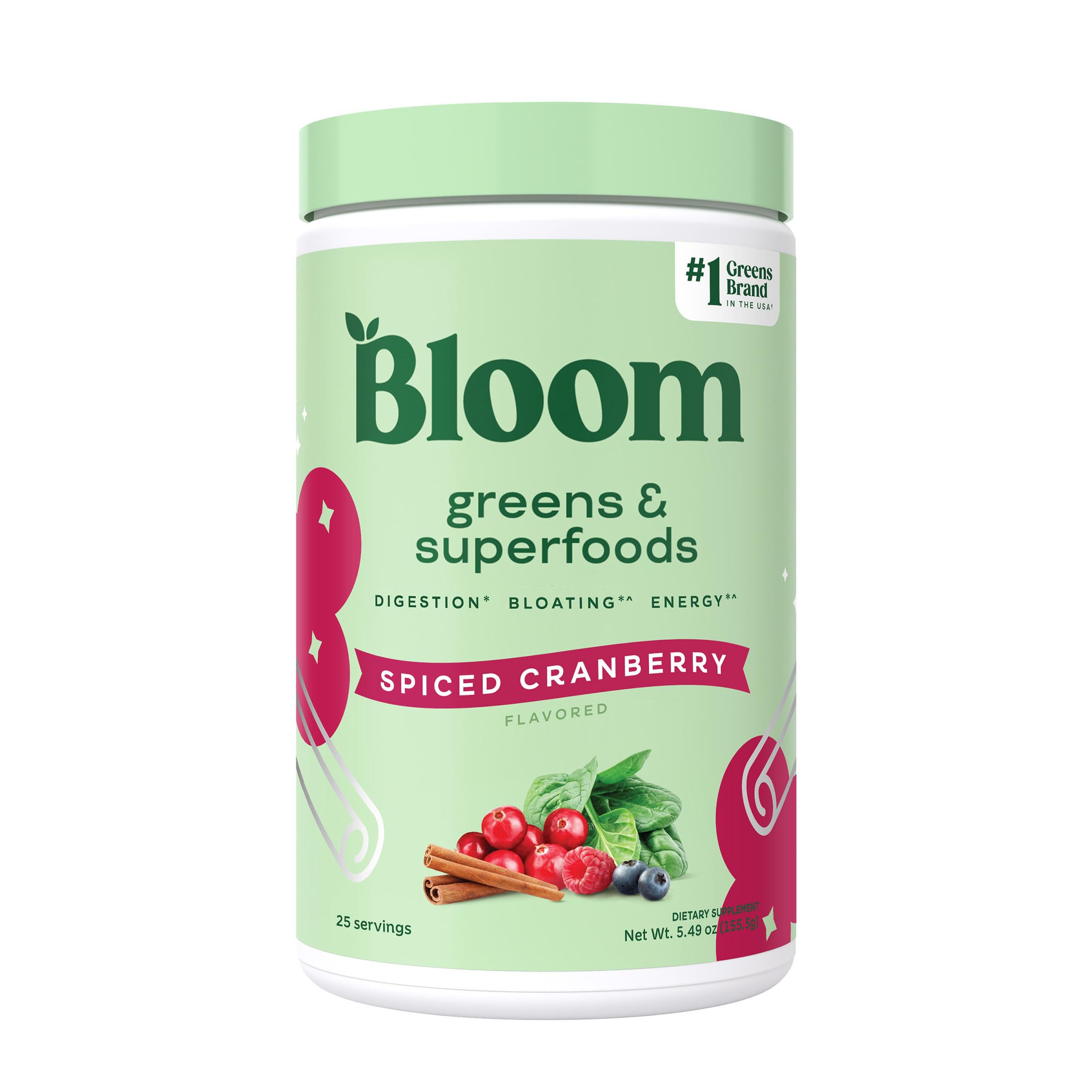 Bloom Nutrition Greens Powder bottle highlighting spiced cranberry flavor and digestive comfort