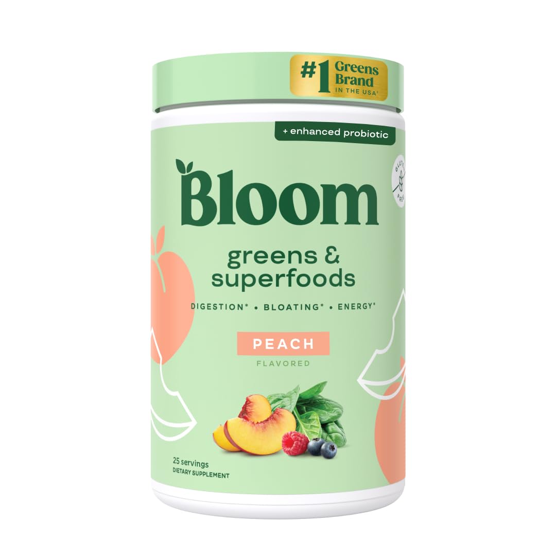 Bloom Nutrition Greens Powder bottle on a kitchen counter, boosts daily greens intake.