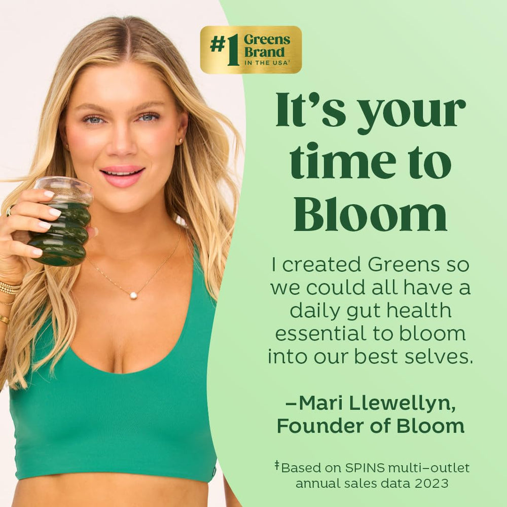 Bloom Nutrition greens powder tub with measuring scoop for consistent use.