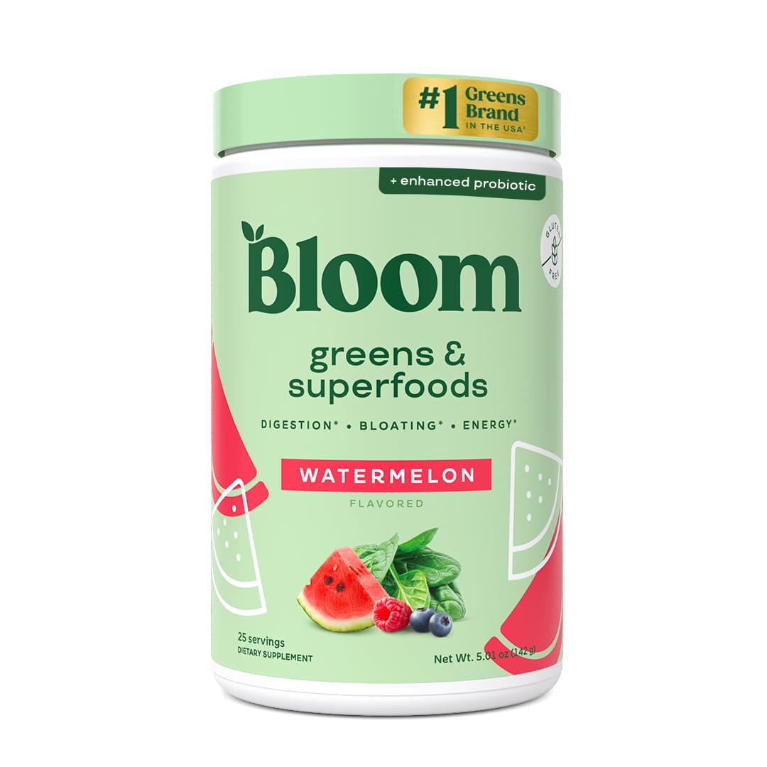 Bloom Nutrition Greens Powder tub with scoop for daily wellness boost.
