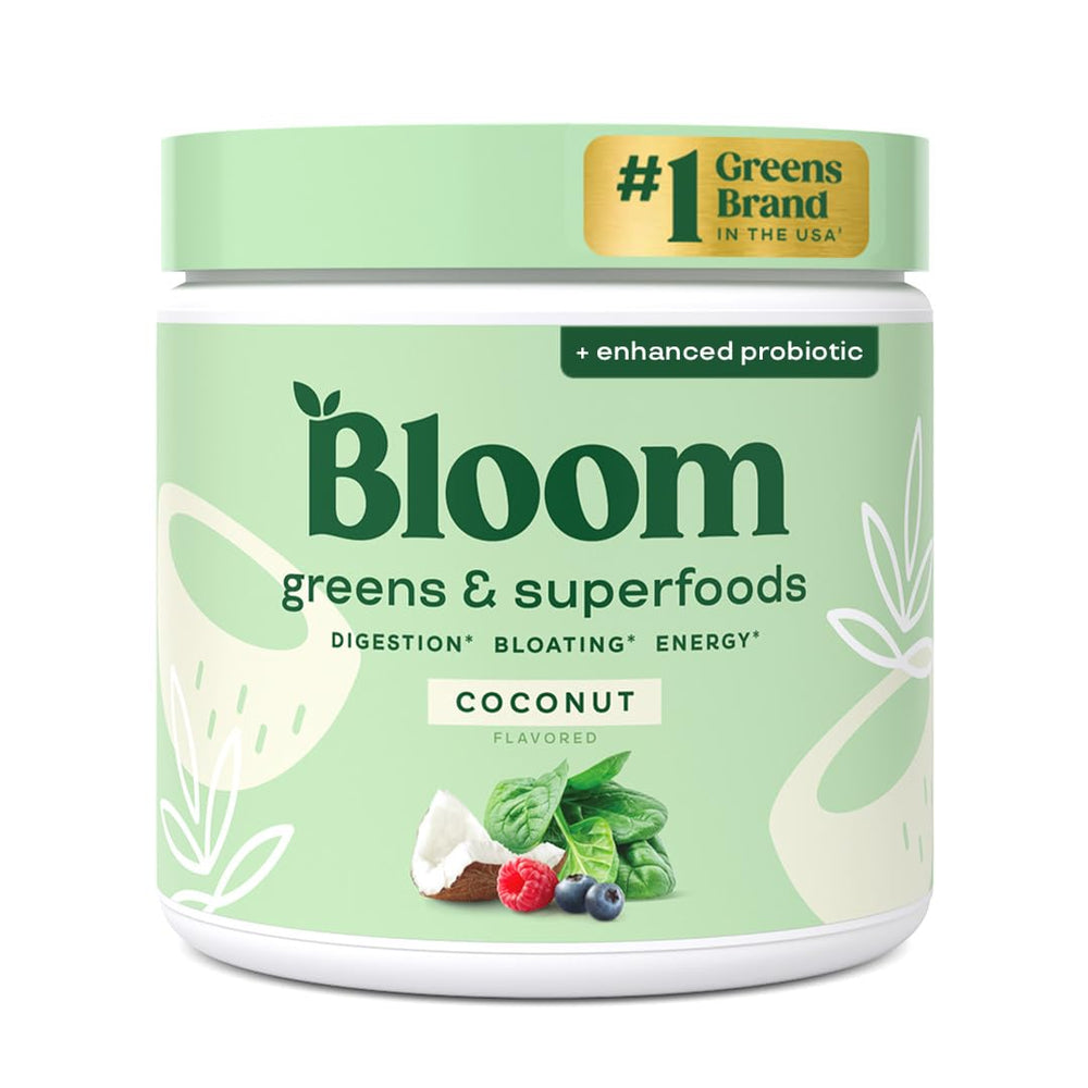 Bloom Nutrition Greens Powder tub with vibrant greens for daily nourishment
