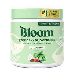 Bloom Nutrition Greens Powder tub with vibrant greens for daily nourishment