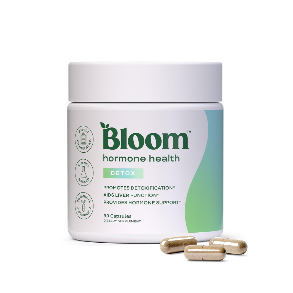 Bloom Nutrition Hormone Support capsules bottle highlights gentle detox and liver health.