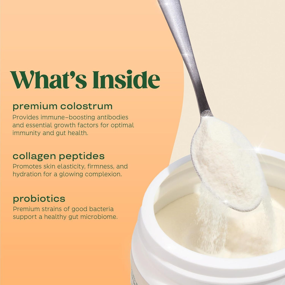 Bloom Nutrition Orange Cream flavor glass suggests tasty daily boosts for beauty and overall vitality.