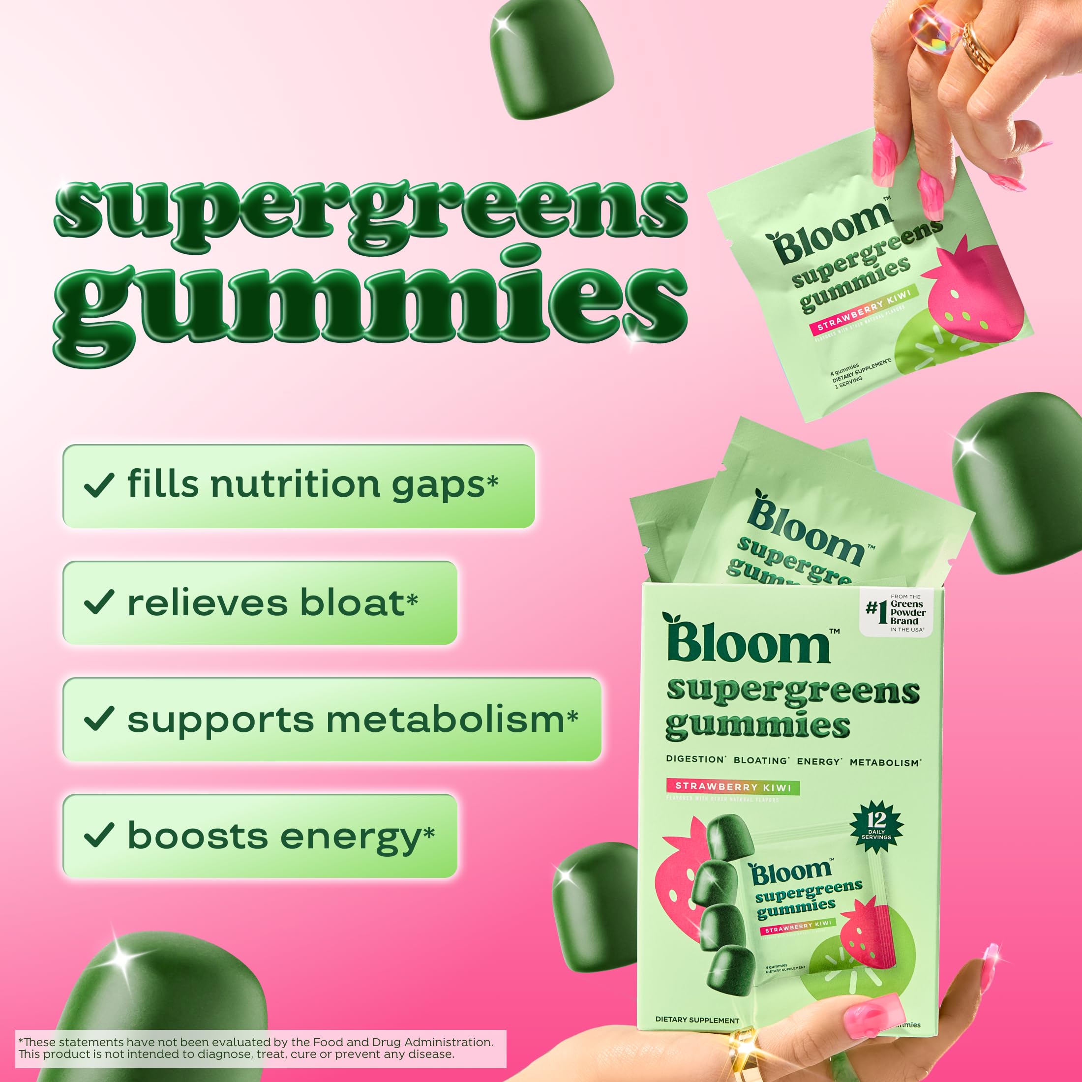 Bloom Nutrition Strawberry Kiwi gummies close-up highlighting tasty flavor for easy daily support.