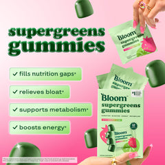 Bloom Nutrition Strawberry Kiwi gummies close-up highlighting tasty flavor for easy daily support.