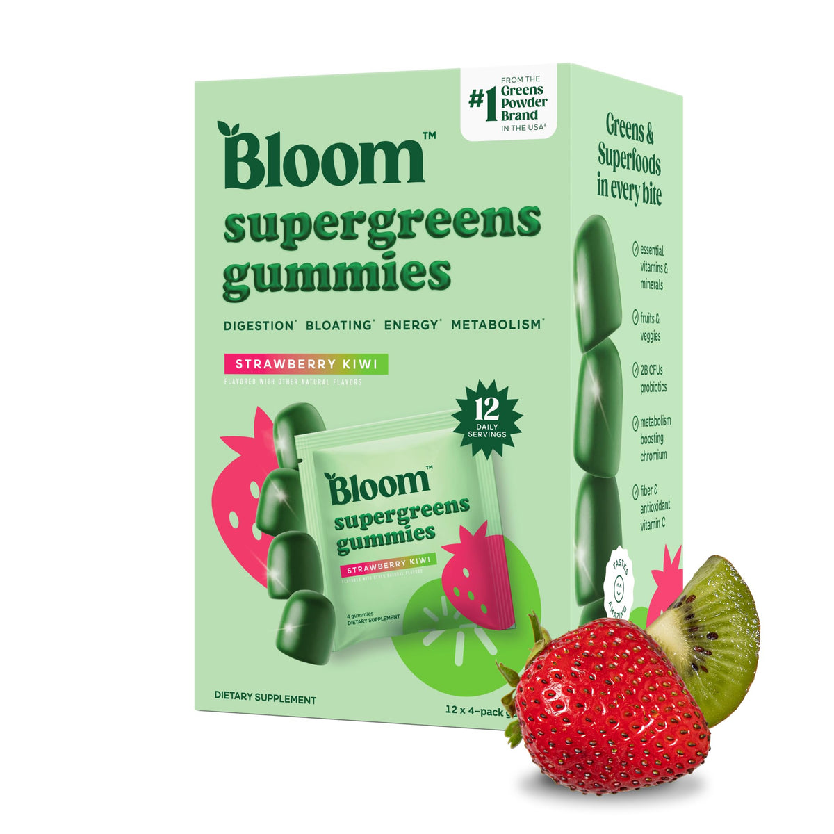 Bloom Nutrition Super Greens Gummies bottle front view for daily wellness convenience.