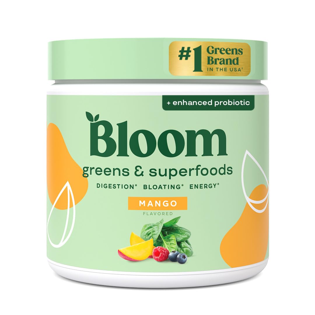 Bloom Nutrition superfood greens powder bottle, boosting daily greens with a probiotic blend