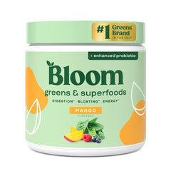 Bloom Nutrition superfood greens powder bottle, boosting daily greens with a probiotic blend
