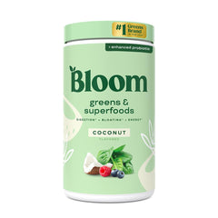 Bloom Nutrition supergreens powder jar showing coconut flavor to support daily greens