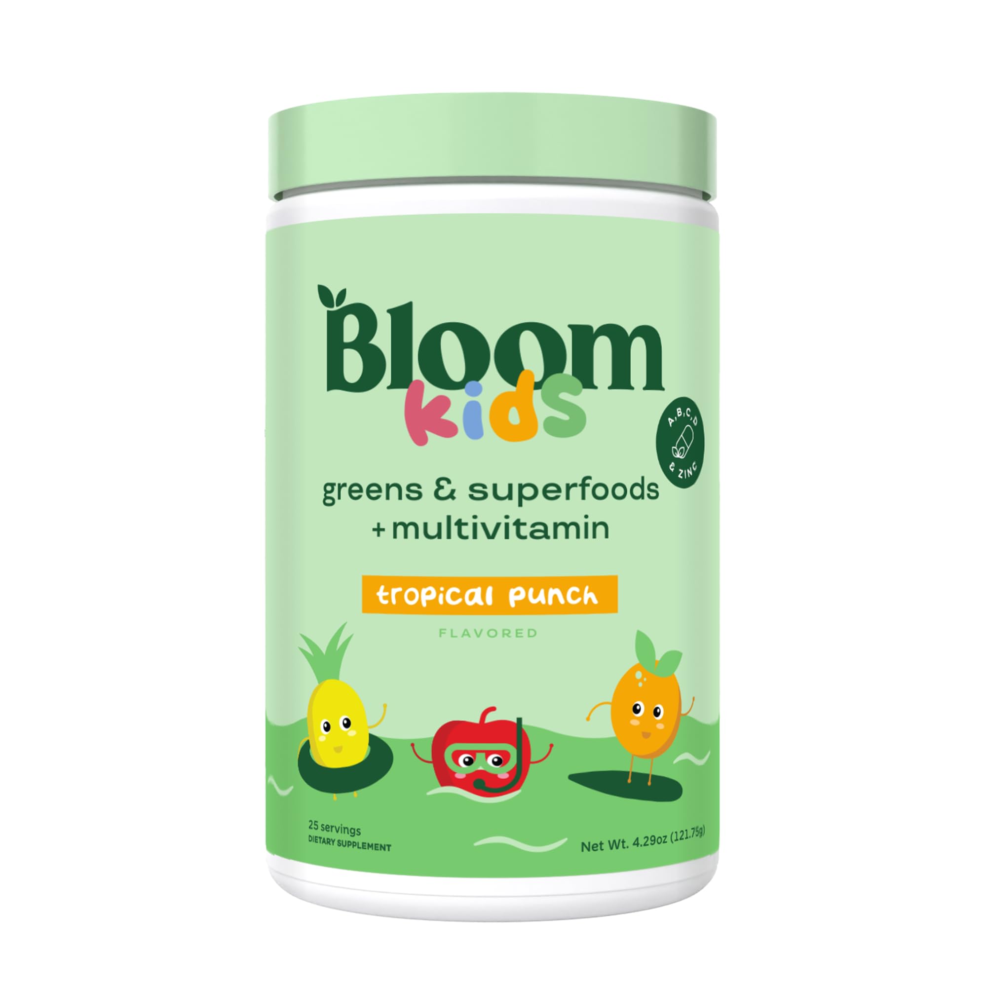 Bloom Nutrition kids greens powder jar highlighting a colorful, nutritious blend for digestion and immunity