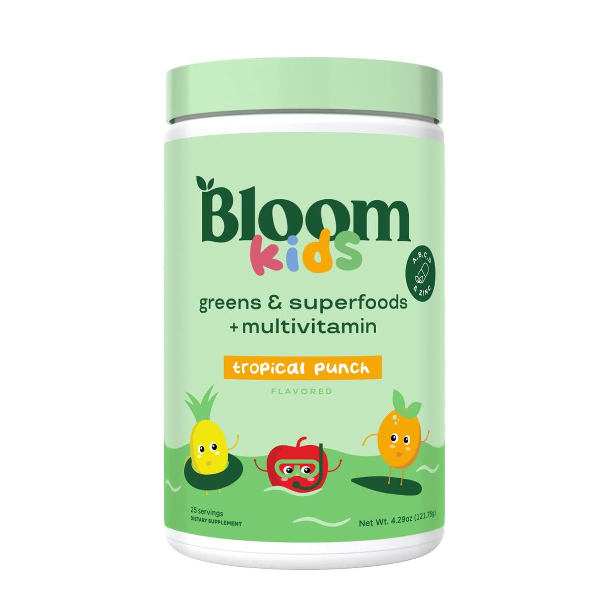 Bloom Nutrition kids greens powder jar highlighting a colorful, nutritious blend for digestion and immunity
