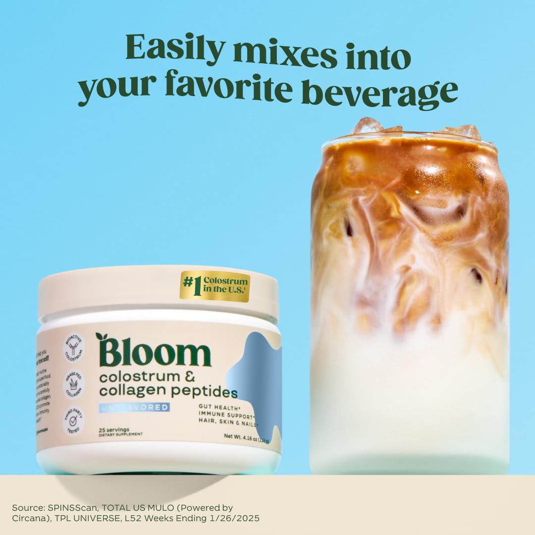 Bloom Nutrition unflavored colostrum powder stirred in a glass for easy mixing