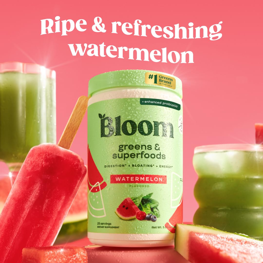 Bloom Nutrition watermelon-flavored powder dissolving in water for easy greens.