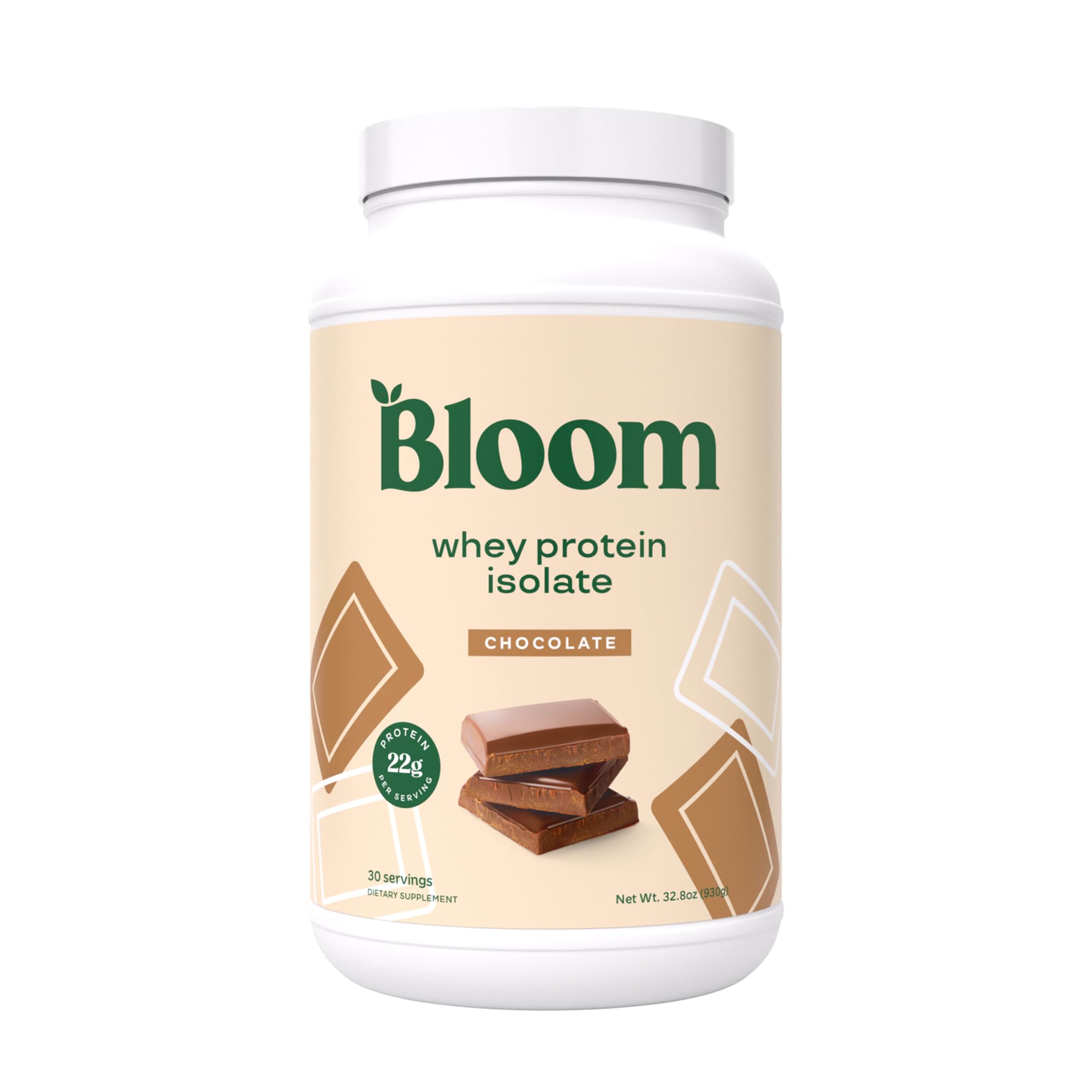 Bloom Nutrition Whey Isolate Chocolate tub for post-workout recovery and lean muscle support.