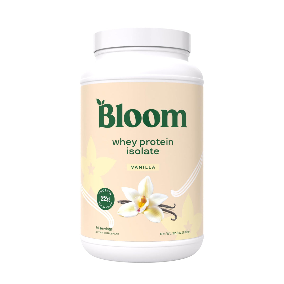 Bloom Nutrition whey isolate vanilla bottle: high-quality post-workout protein.