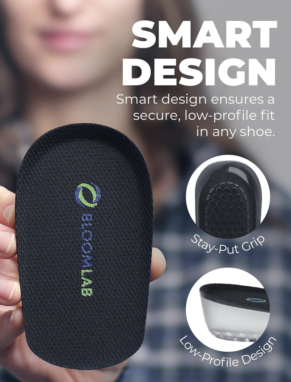 BloomLab heel cups with non-slip base keep steps secure.