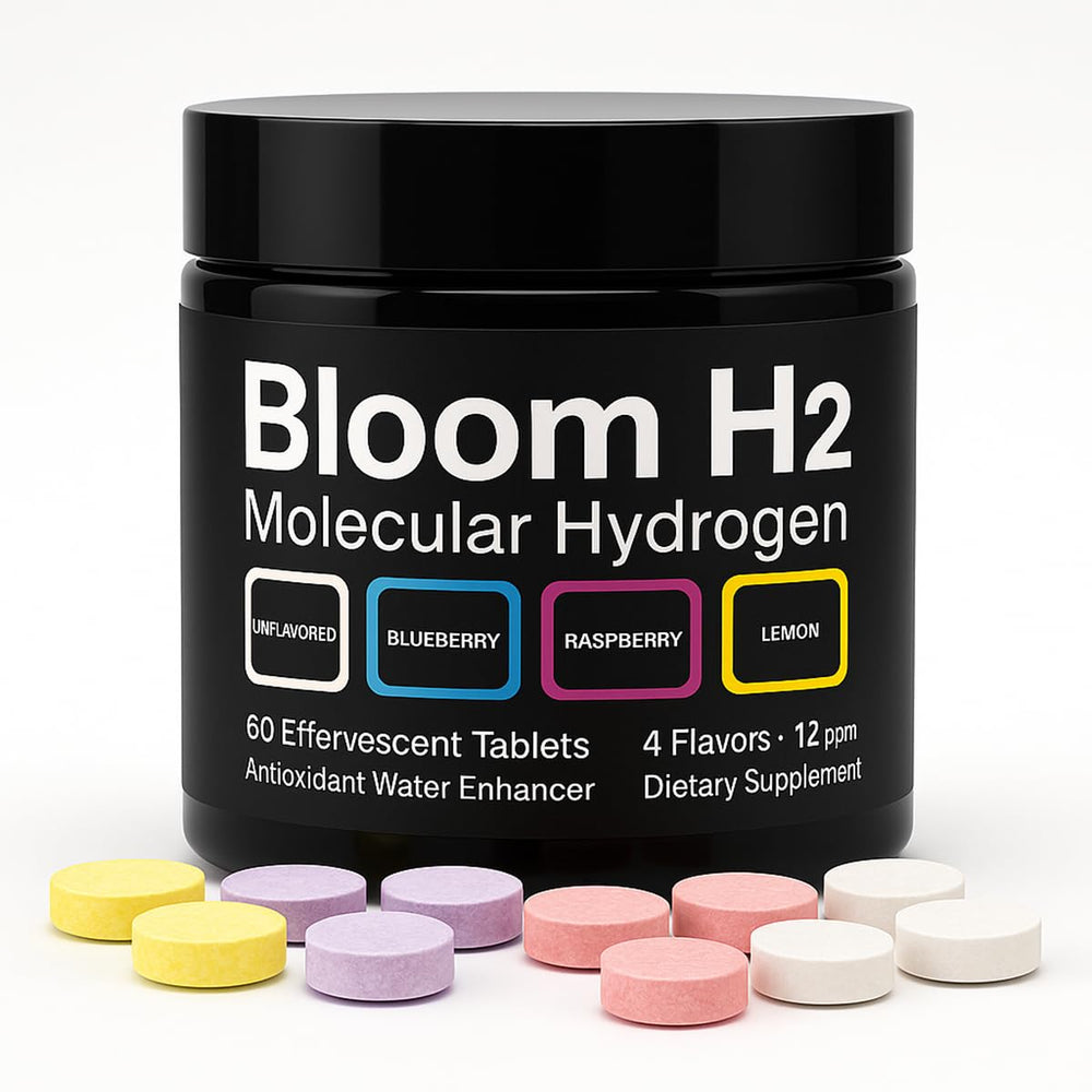 Bloomeo Bloom H2 Tabs bottle shown for convenient hydrogen water daily hydration.