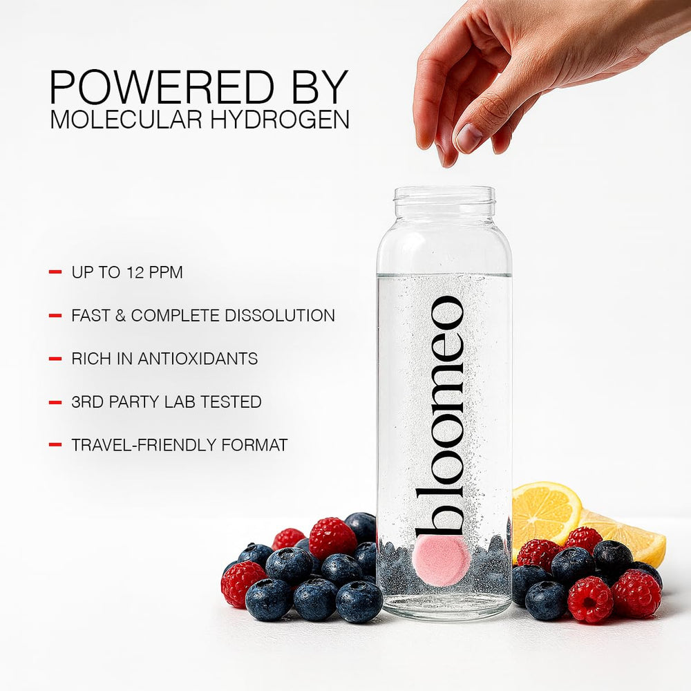 Bloomeo Bloom H2 Tabs four flavors pack including Lemon, Raspberry, Blueberry, Unflavored.