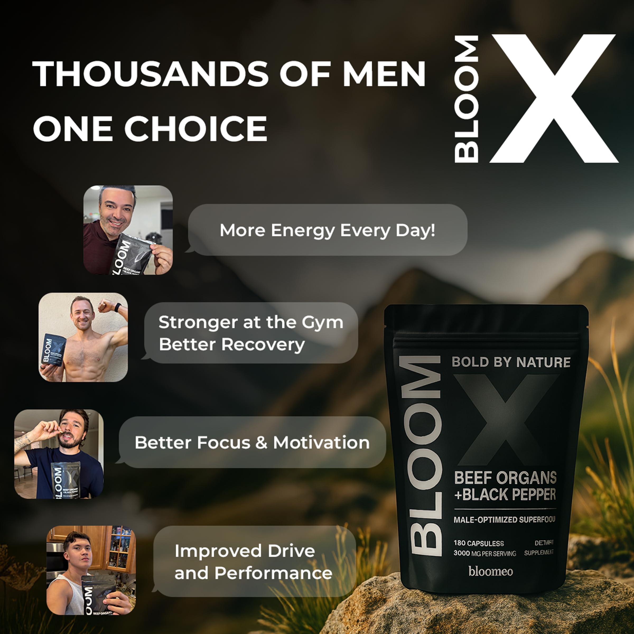 Bloomeo organ blend image emphasizing heart, kidney, and bone marrow benefits for men.
