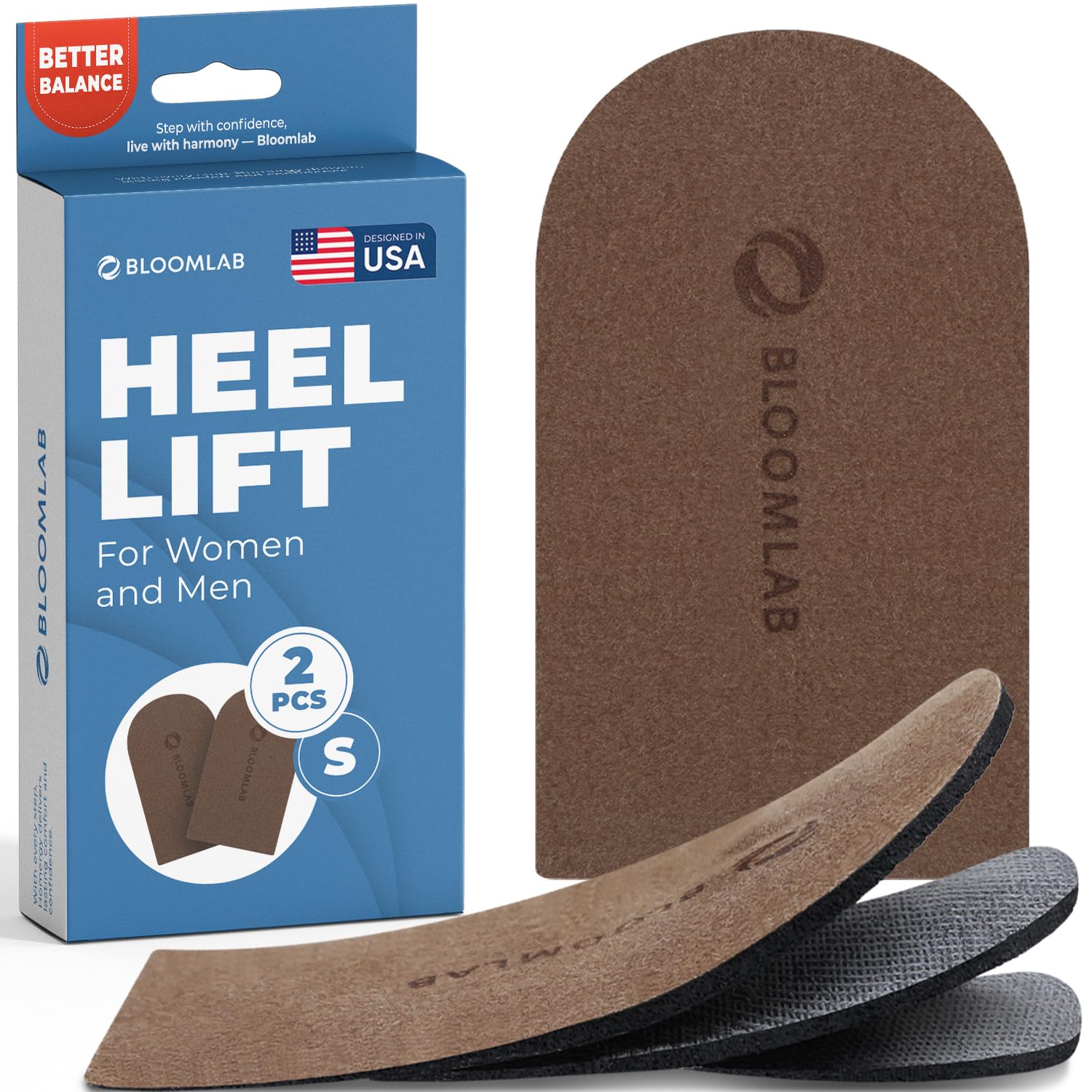 BloomLab adjustable heel lift 3-layer inserts setup for customizable height and secure all-day comfort.