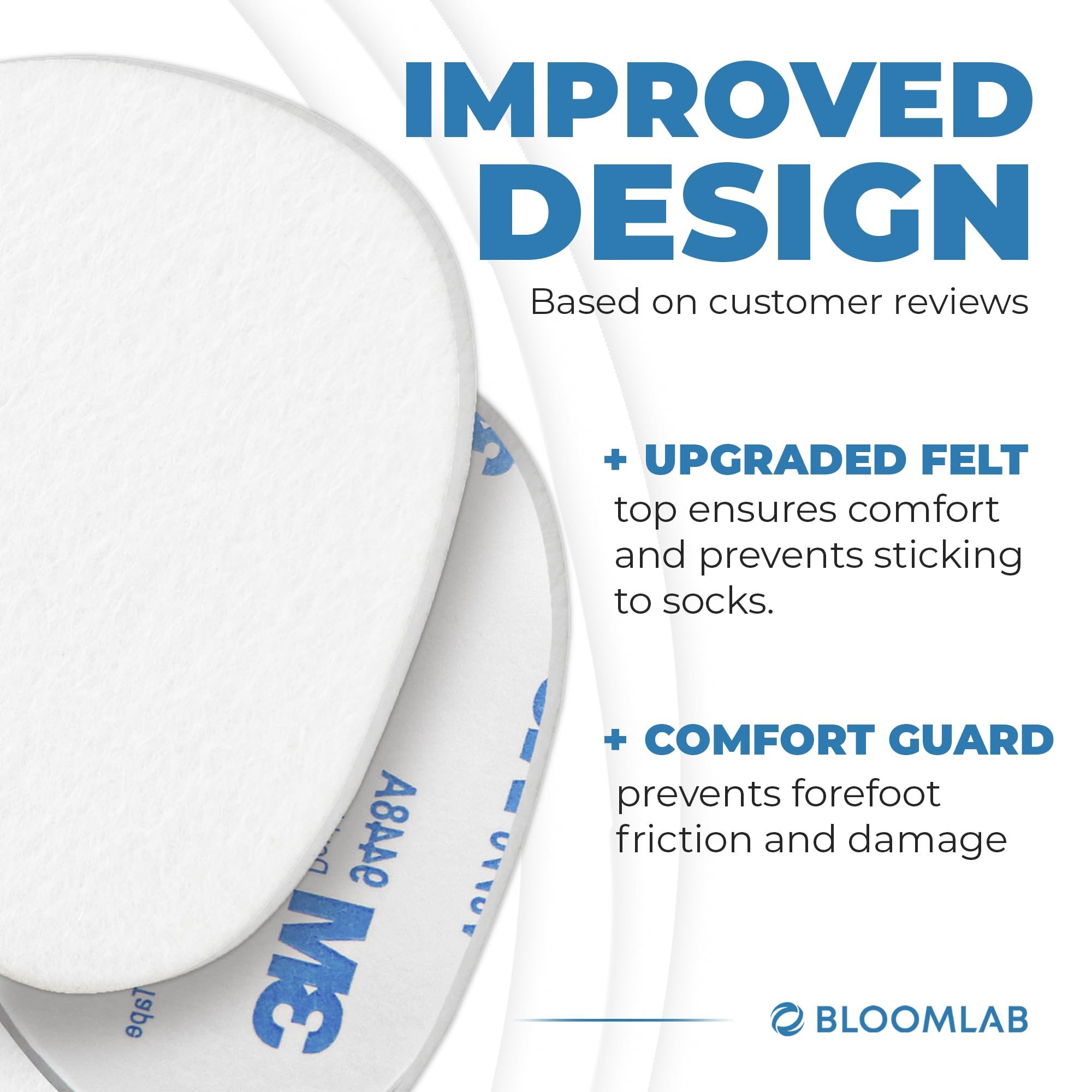 BloomLab quarter-inch metatarsal pads stay securely placed for daily walking comfort