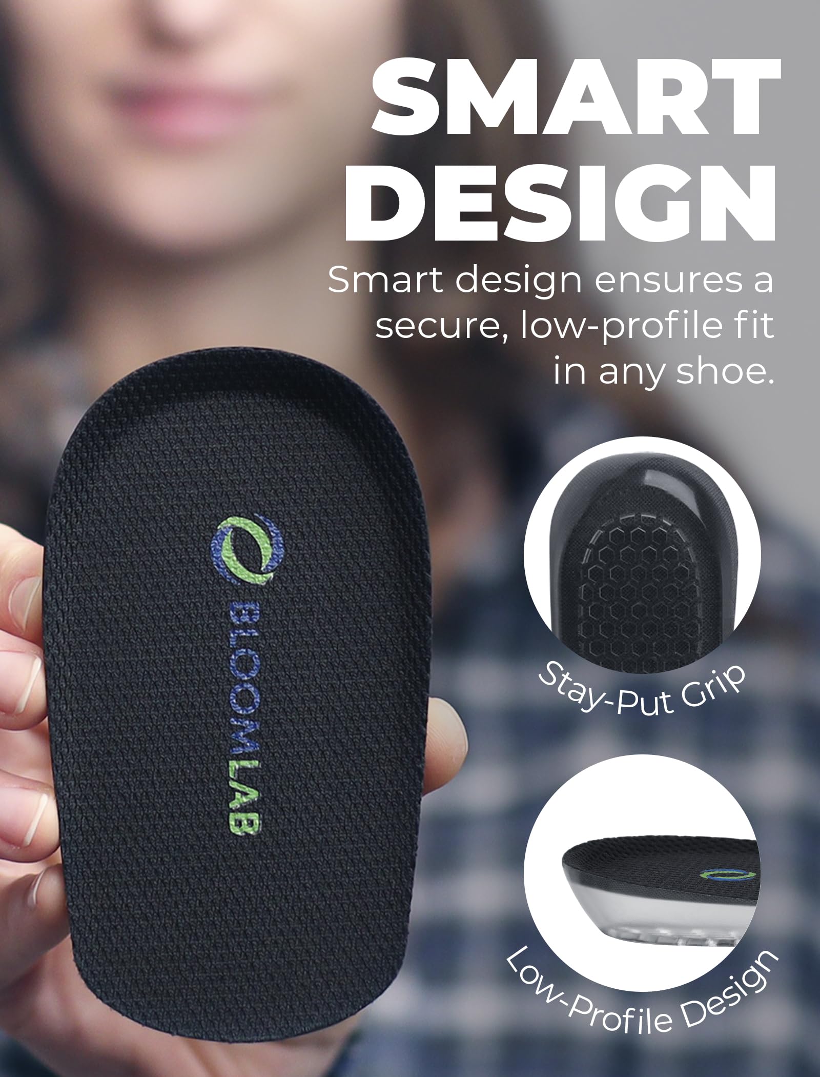 BloomLab medical-grade gel heel cups absorb shocks for all-day comfort