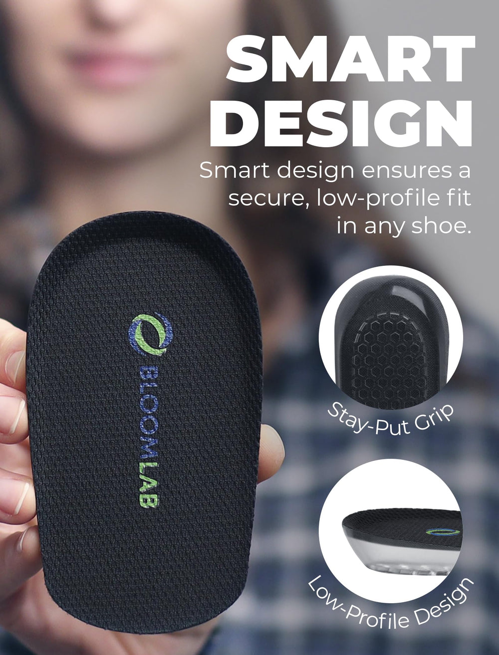 BloomLab medical-grade gel heel cups absorb shocks for all-day comfort
