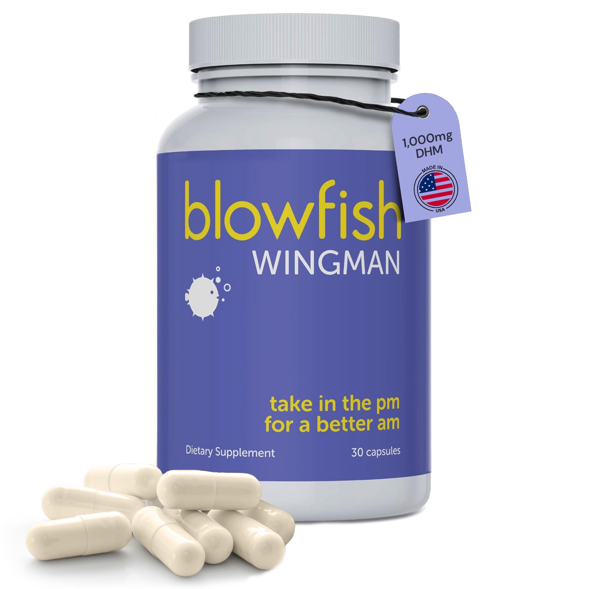 Blowfish Wingman bottle with capsules on counter for hydration support