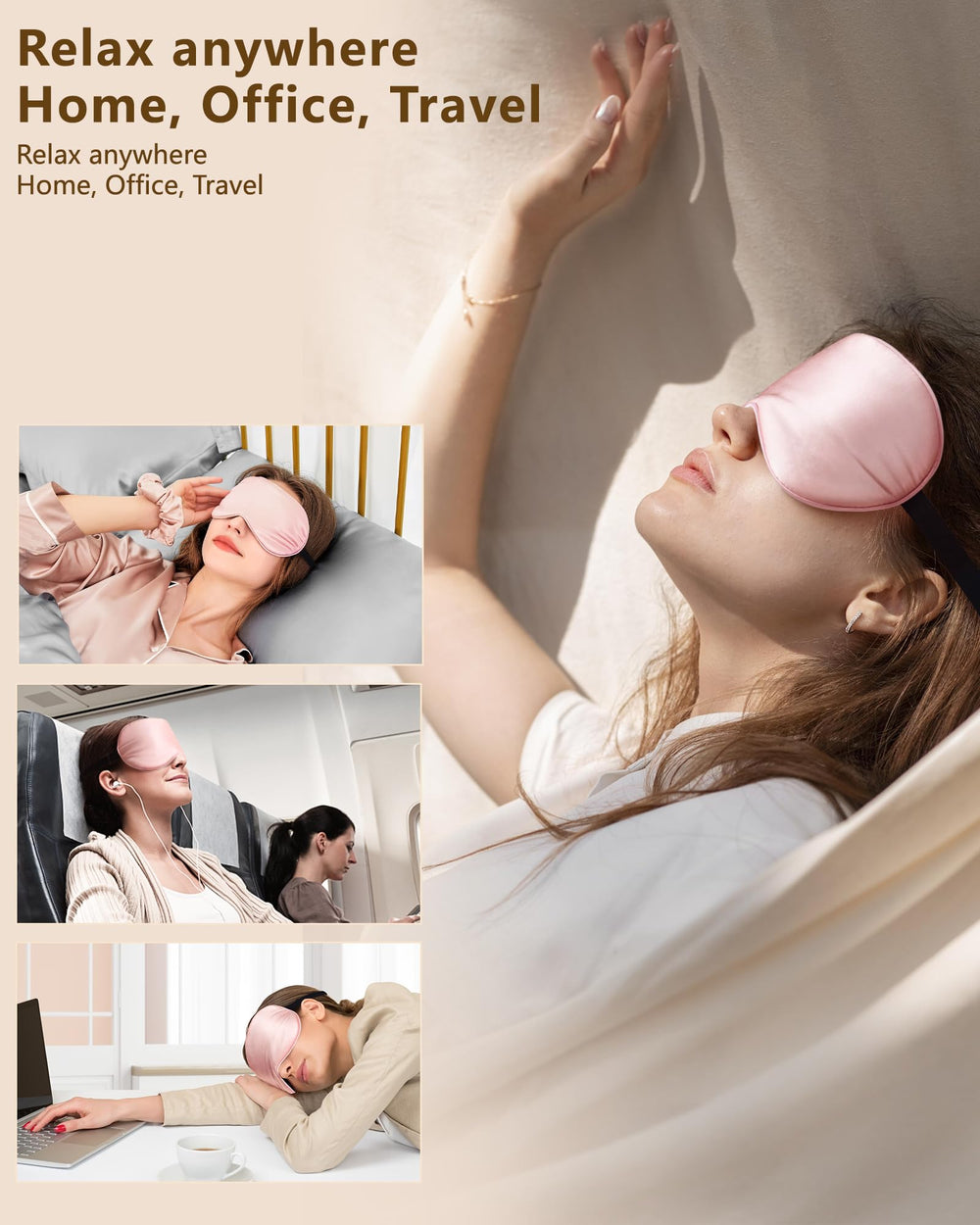 BLSSNZ pink silk sleep mask blocks light for focused rest during flights.