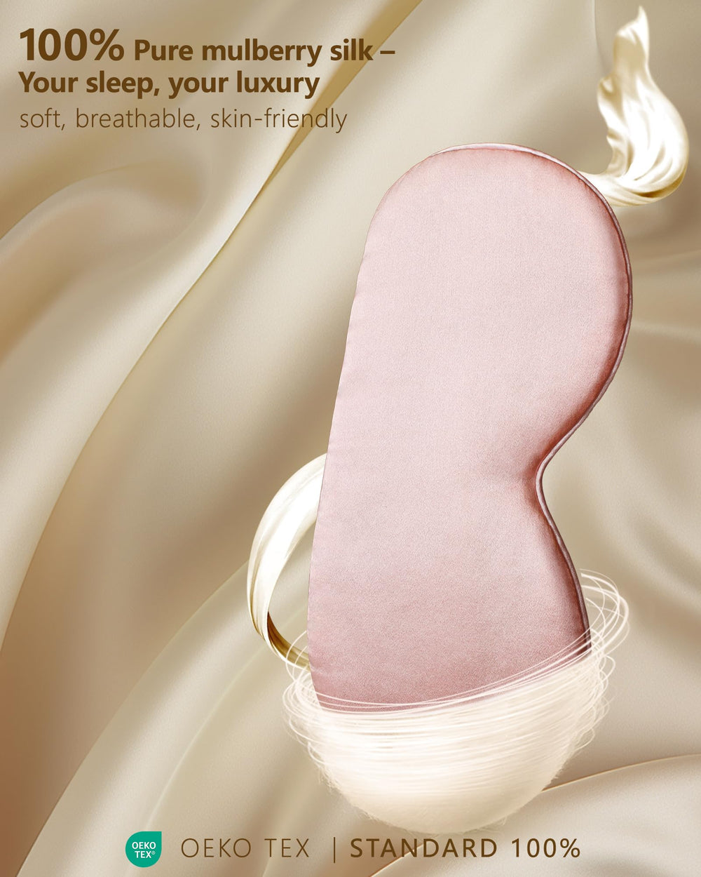 BLSSNZ pink silk sleep mask on face resting on pillow for restful travel.