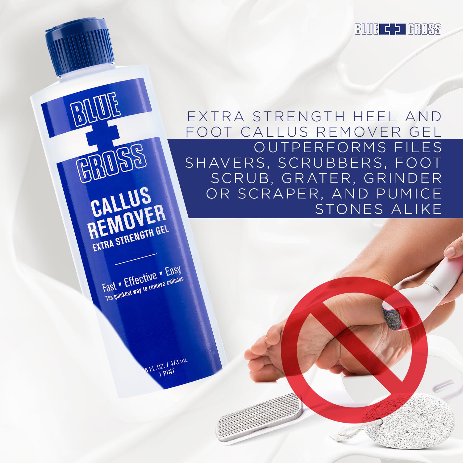 Blue Cross Callus Remover Gel applied to hard foot calluses.