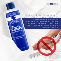 Blue Cross Callus Remover Gel applied to hard foot calluses.