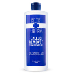 Blue Cross Callus Remover Gel bottle closeup for at-home pedicure prep.