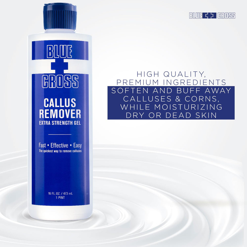 Blue Cross Callus Remover Gel dispense closeup showing premium formula.