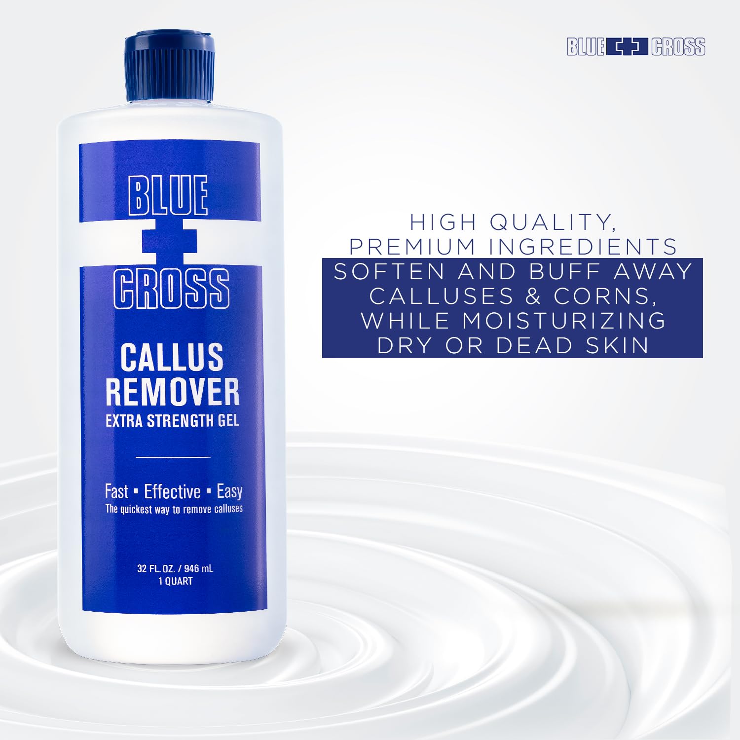 Blue Cross Callus Remover Gel texture swatch highlights extra-strength formula.