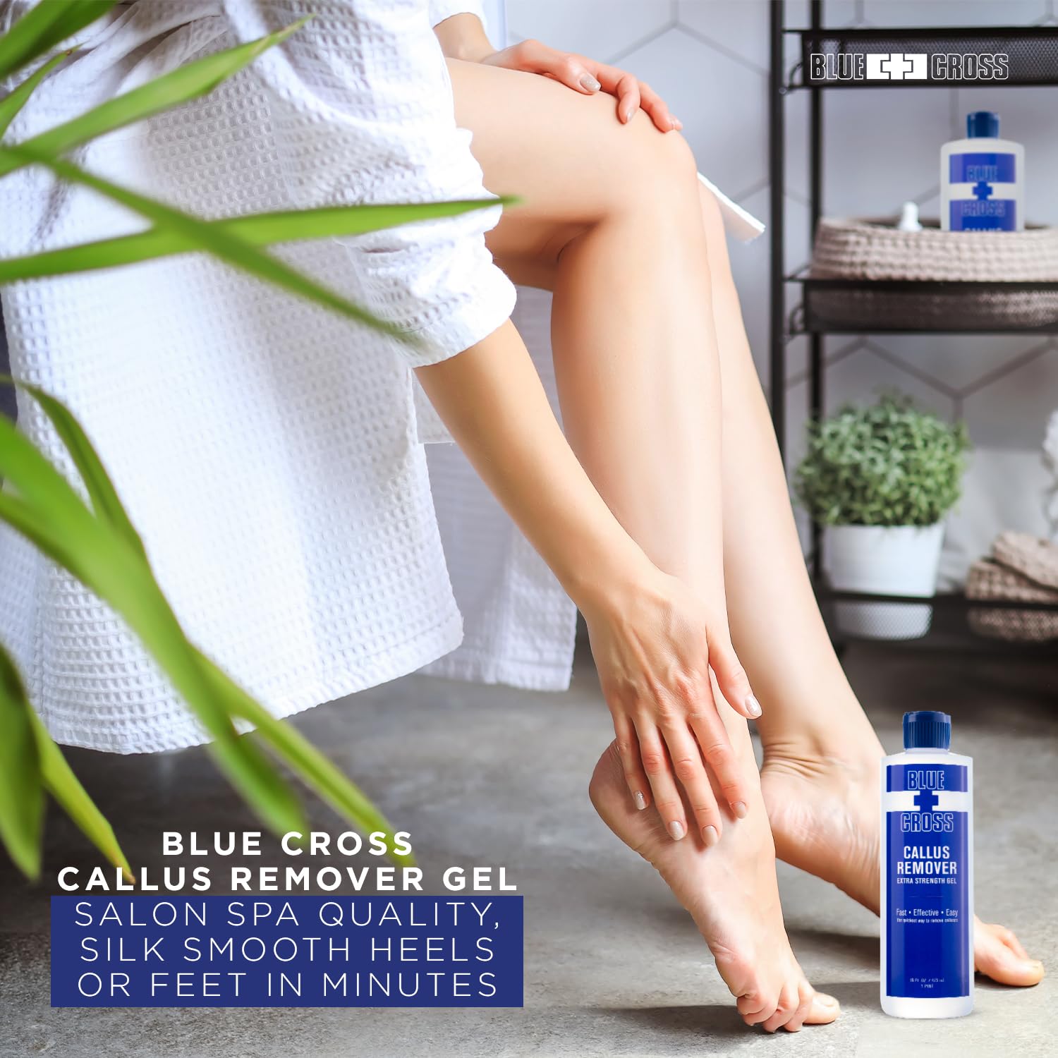 Blue Cross Callus Remover Gel in a manicure/pedicure collection display.