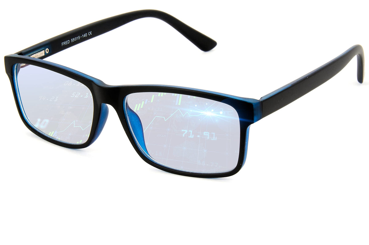 BLUE CUT blue light glasses on model offering screen protection.